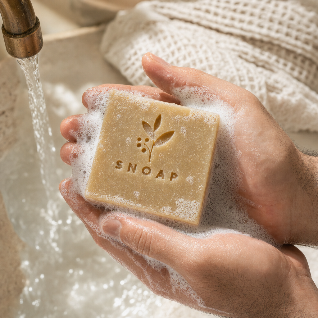 Julian lathering the handcrafted SNOAP Cedarwood Forest Donkey Milk Soap bar under warm water, producing dense creamy lather.