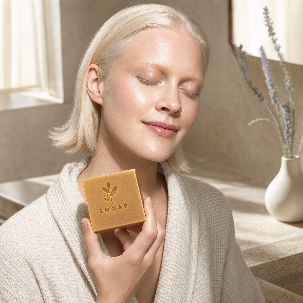 Astrid in an off-white waffle robe holding the handcrafted French Lavandin SNOAP Donkey Milk Soap bar near her collarbone in a sunlit bathroom.