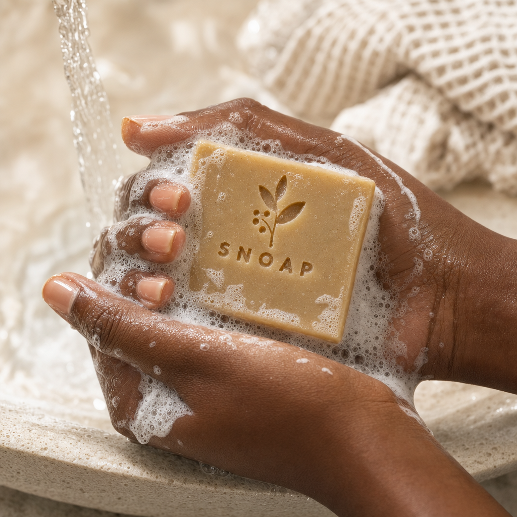 Zuri lathering the handcrafted SNOAP Oatmeal Honey Donkey Milk Soap bar under warm water, producing dense creamy lather.