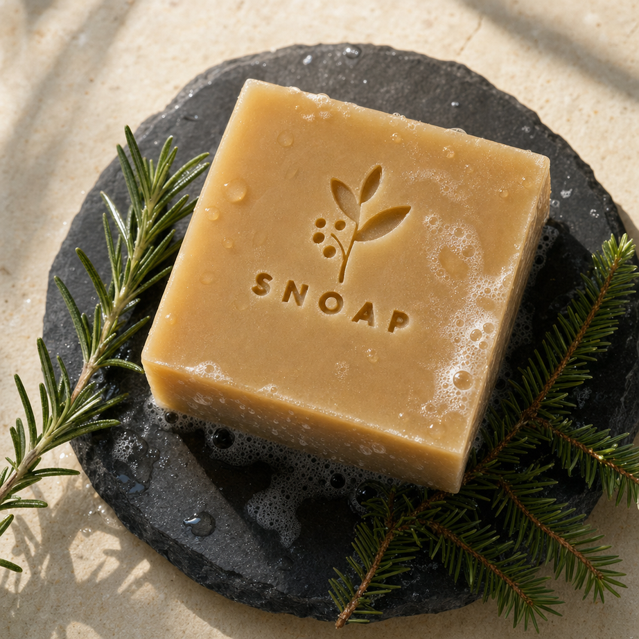 Handcrafted naked bar of Cedarwood Forest SNOAP Donkey Milk Soap with debossed logo.