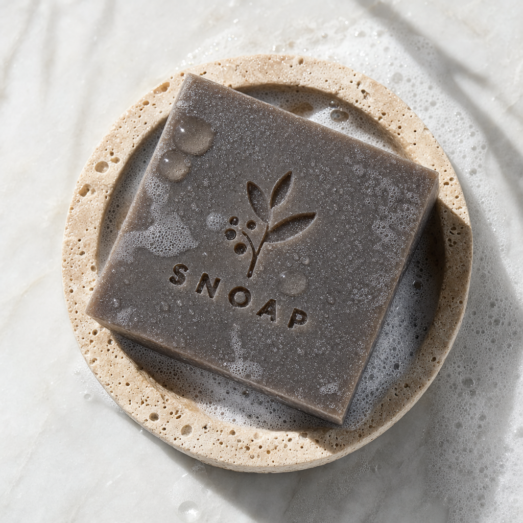 Charcoal-mineral handcrafted SNOAP Dead Sea Mud Donkey Milk Soap bar with stamped logo on polished stone with purifying microfoam.
