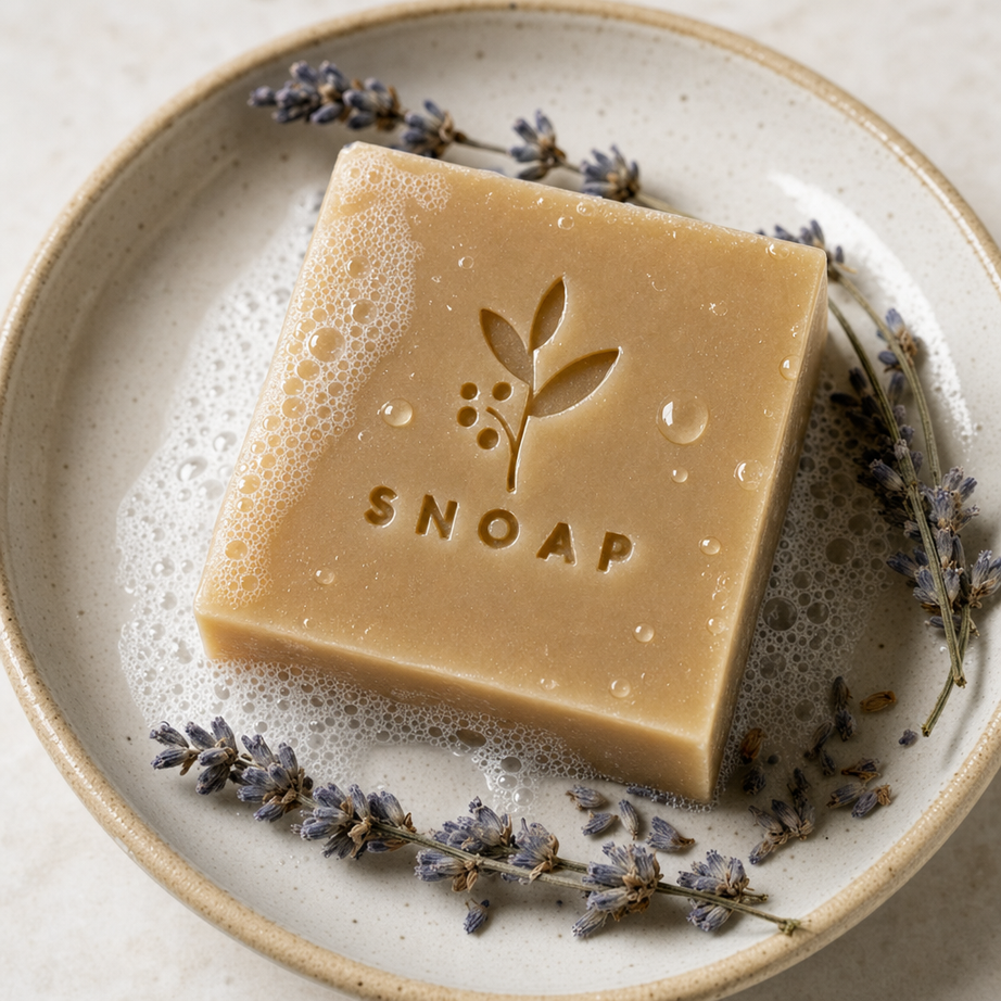 Handcrafted naked bar of French Lavandin SNOAP Donkey Milk Soap with debossed botanical sprig stamp.
