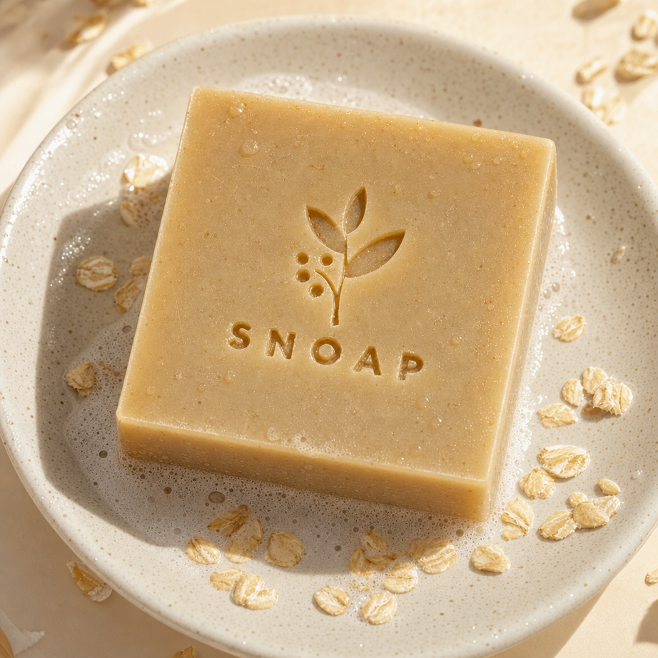 Golden-amber handcrafted SNOAP Oatmeal Honey Donkey Milk Soap bar with debossed logo resting on a ceramic dish with rich soothing lather.