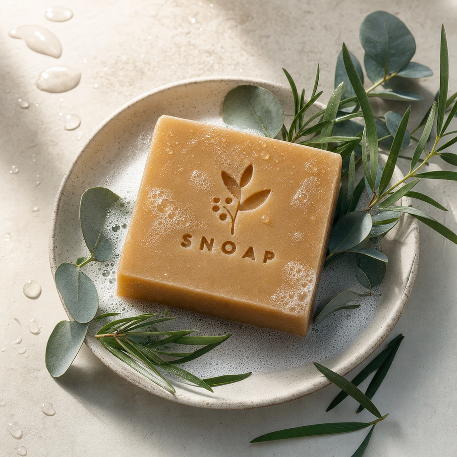Handcrafted naked bar of Tea Tree SNOAP Donkey Milk Soap showing cold-process saponification texture.