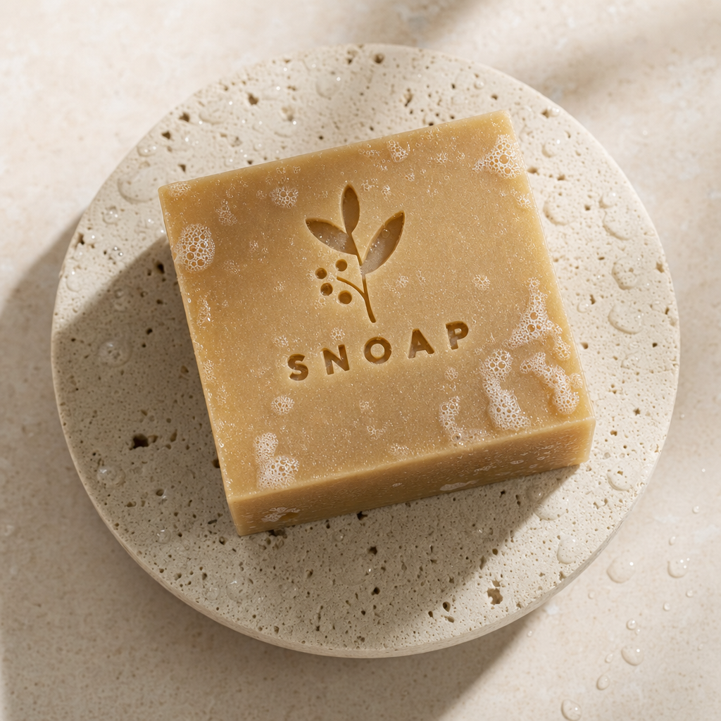 Handcrafted naked bar of Pure Raw Unscented SNOAP Donkey Milk Soap with debossed brand logo and cold-process beveled edges.