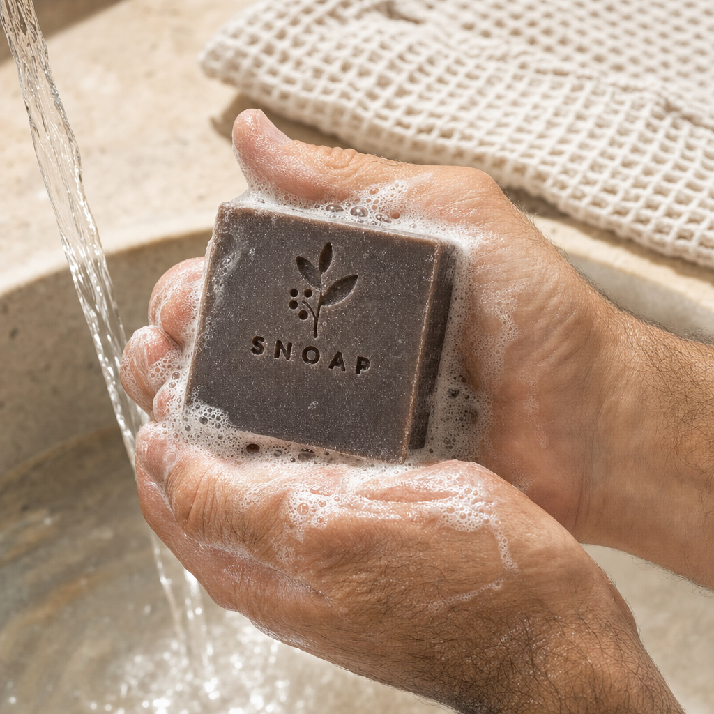 Julian lathering the handcrafted SNOAP Dead Sea Mud Donkey Milk Soap bar under warm water, producing rich white lather.