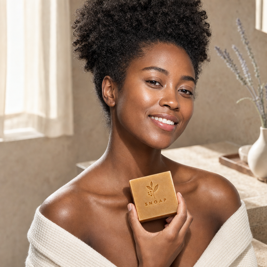Zuri in an off-white waffle robe holding the handcrafted SNOAP Oatmeal Honey Donkey Milk Soap bar near her collarbone with a serene smile in a sunlit bathroom.