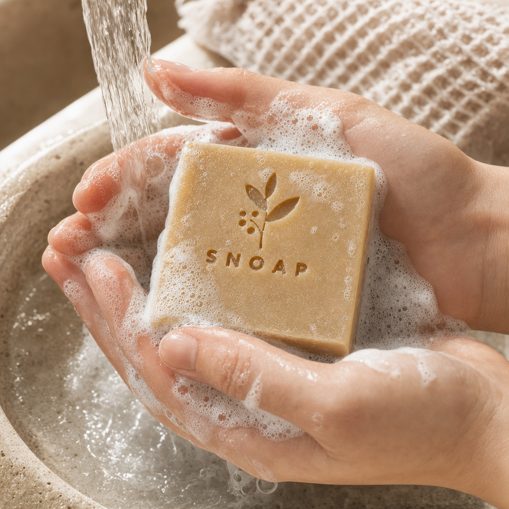 Astrid lathering the handcrafted Tea Tree SNOAP Donkey Milk Soap bar under warm water, producing dense creamy lather.