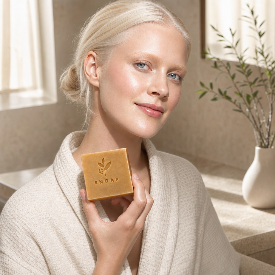 Astrid in a cream waffle robe holding the handcrafted Tea Tree SNOAP Donkey Milk Soap bar near her collarbone with a serene smile in a sunlit bathroom.