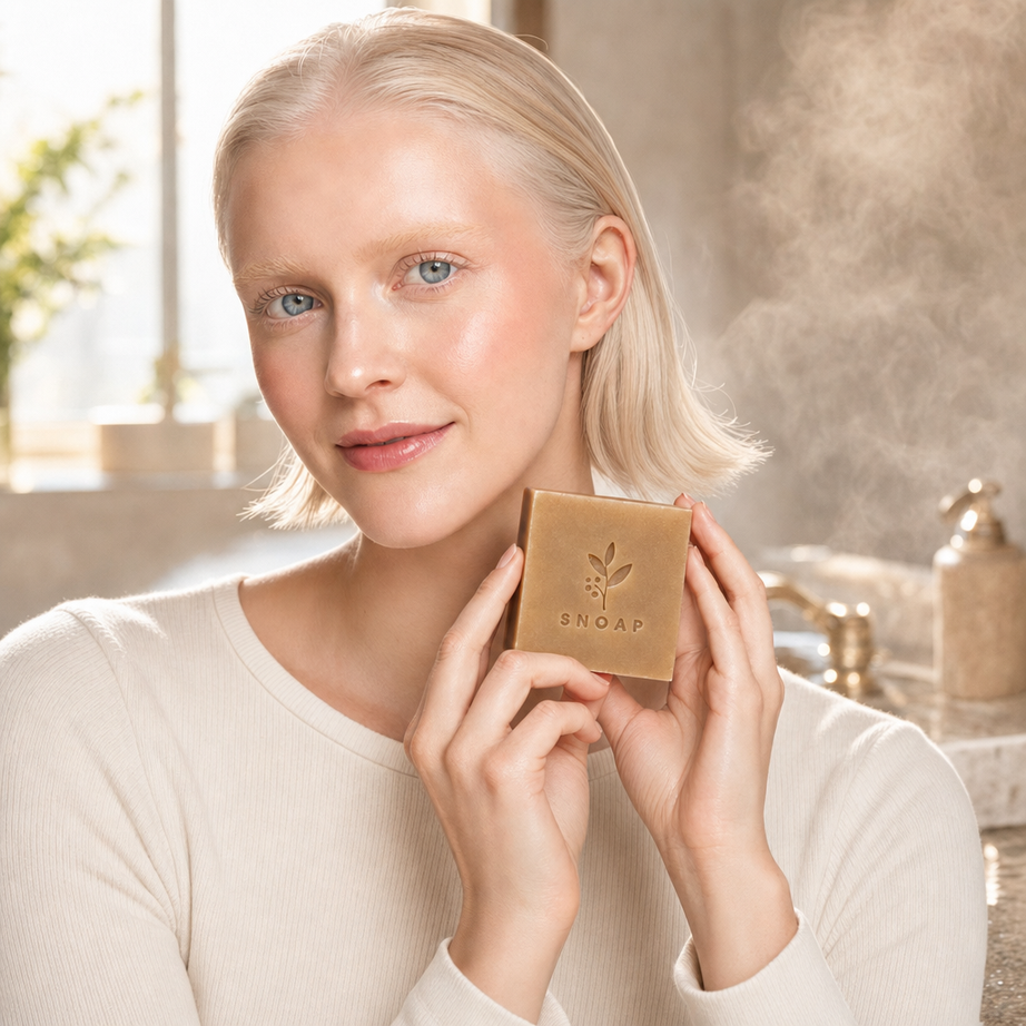 Astrid with platinum blonde hair holding a handcrafted SNOAP Donkey Milk Soap bar near her cheek with a serene smile in a sunlit morning bathroom.