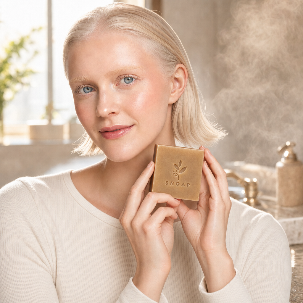 Astrid with platinum blonde hair holding a handcrafted SNOAP Donkey Milk Soap bar near her cheek with a serene smile in a sunlit morning bathroom.