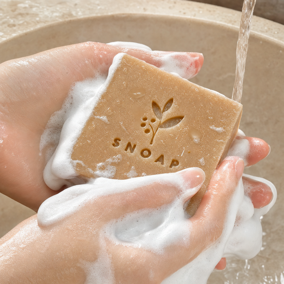 Close-up view of hands working a handcrafted SNOAP Donkey Milk Soap bar into a rich, dense white lather under running water.