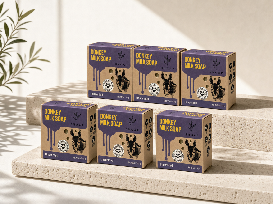 SNOAP 6-Box Half-Year Reserve: Six Pure Donkey Milk Soap unbleached kraft packaging boxes arranged in an architectural stepped two-tier pantry reserve composition on honed ivory travertine stone plinths with soft morning sunlight.